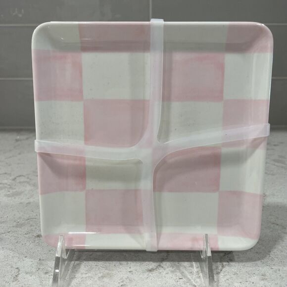 SET 4 PINK CHECKERED Tommy Bahama 6x6” Plates Appetizer Dessert Plate Checked - Picture 1 of 5